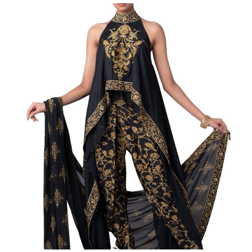 Hemant Trevedi 3 piece Black and gold/mustard embroidered 3 piece outfit. Medium
